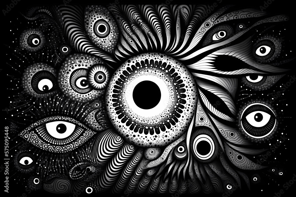 Poster abstract psychedelic pattern in black and white. generative ai