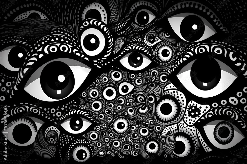 Aufkleber abstract psychedelic pattern with eyes in black and white. generative ai