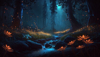 Fantasy Forest at night, Landscape With luminous flowers, water, fireflies, and bright glowing atmosphere, Ai, Ai Generated