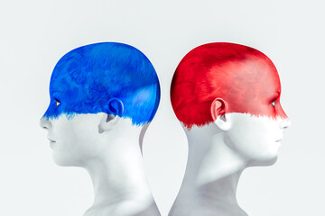 Two opposite back heads colored red and blue