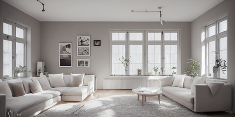 Fototapeta premium Stylish scandinavian living room with design mint sofa, furnitures, mock up poster map, plants and elegant personal accessories. Modern home decor. Bright and sunny room. Generative AI illustration.