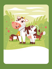 Vector illustration of a calf in cartoon style in a field. It can be used as a playing card, learning material for kids.
