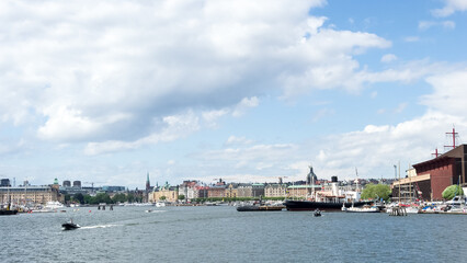 Urban landscape of  Stockholm, capital and largest city of Sweden as well as the largest urban area in Scandinavia, from Riddarfjärden, the easternmost bay of Lake Mälaren in central Stockholm. 