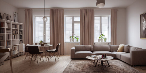 Stylish scandinavian living room with design mint sofa, furnitures, mock up poster map, plants and elegant personal accessories. Modern home decor. Bright and sunny room. Generative AI illustration.