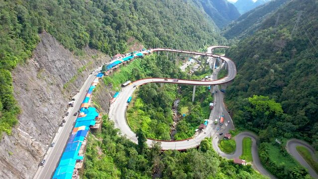 Aerial view of Kelok 9 bridge West Sumatra. Payakumbuh, Indonesia