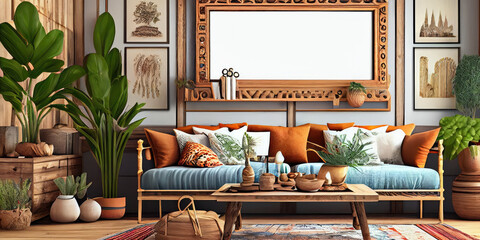 Naklejka premium Stylish scandinavian living room with design mint sofa, furnitures, mock up poster map, plants and elegant personal accessories. Modern home decor. Bright and sunny room. Generative AI illustration.