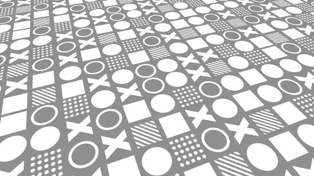 Black and white repeating pattern of geometric shapes with circle, square and X abstract background