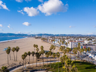 Aerial photography of the venice beach boardwalk, shops, vendors, venice skate park, roller skating...