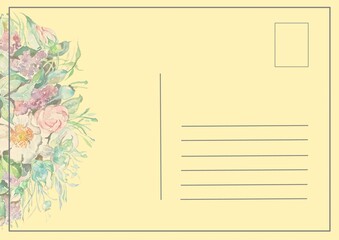 Postcard, open letter blank, greeting card with image, watercolor flowers, botanical illustration