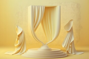 Pastel yellow color podium, pedestal, stage, or dias for product display, exhibition, or photography in a modern and elegant studio settings with drapes, and curtains backdrop