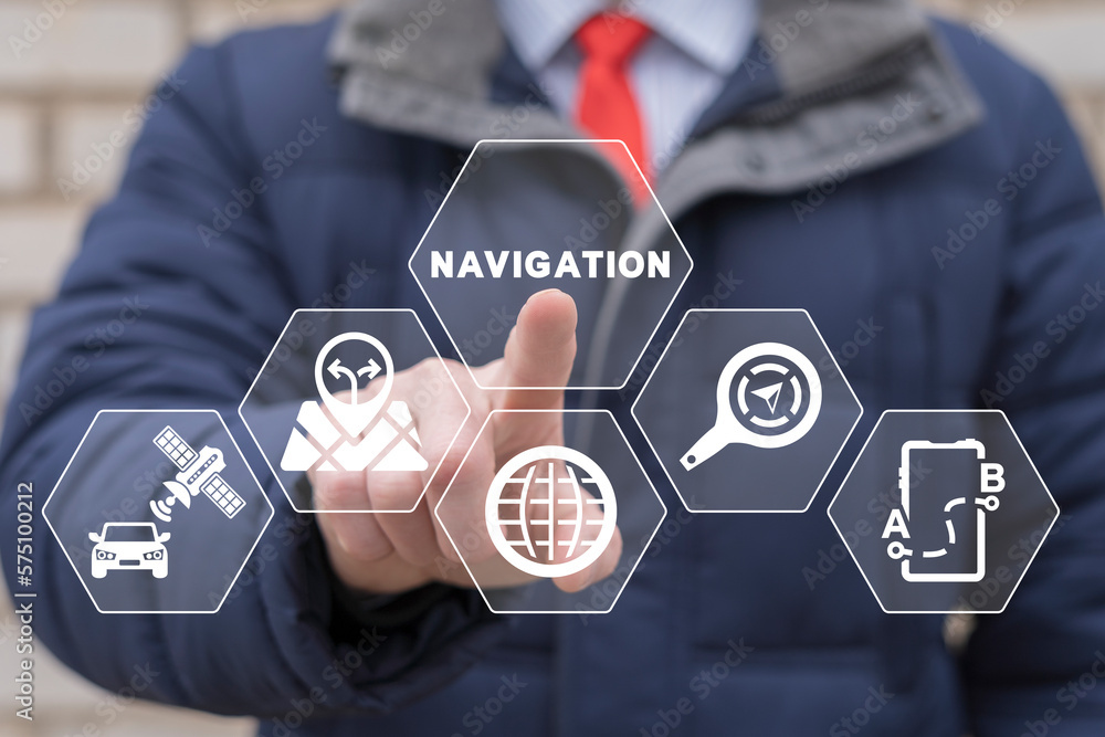 Aufkleber man using virtual touch screen presses word: navigation. maps, location and navigation concept. rout