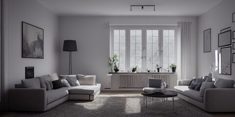 Fototapeta premium Stylish scandinavian living room with design mint sofa, furnitures, mock up poster map, plants and elegant personal accessories. Modern home decor. Bright and sunny room. Generative AI illustration.