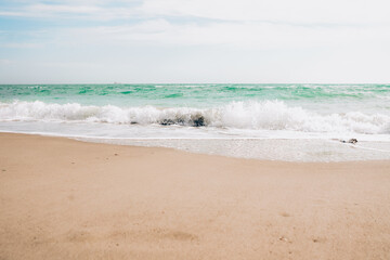 Closeup sea sand beach. Panoramic beach landscape. .horizon