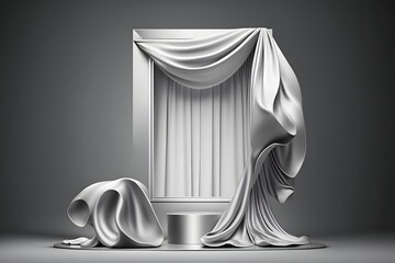 Silver color podium, pedestal, stage, or dias for product display, exhibition, or photography in a modern and elegant studio settings with drapes, and curtains backdrop