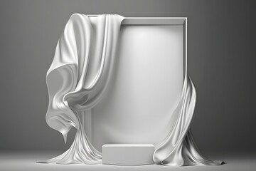 Silver color podium, pedestal, stage, or dias for product display, exhibition, or photography in a modern and elegant studio settings with drapes, and curtains backdrop