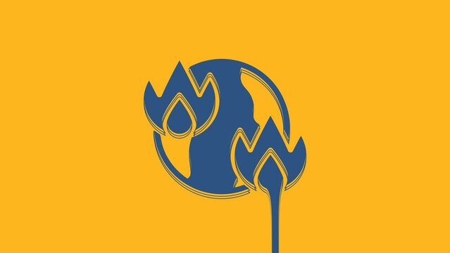 Blue Global warming fire icon isolated on orange background. 4K Video motion graphic animation