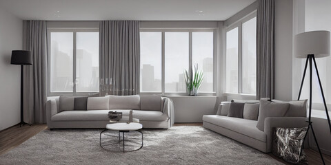 Fototapeta premium Stylish scandinavian living room with design mint sofa, furnitures, mock up poster map, plants and elegant personal accessories. Modern home decor. Bright and sunny room. Generative AI illustration.