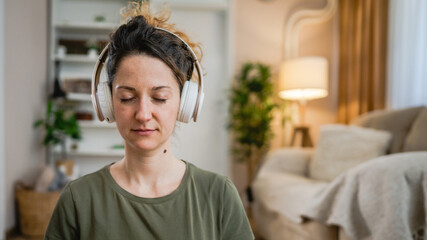 One woman sit on the floor practice online guided meditation self care