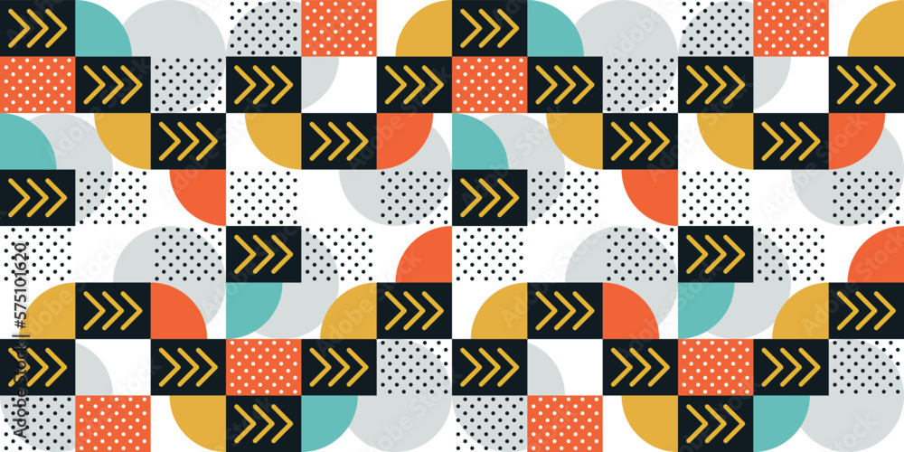 Poster Geometric tile from polka dot and arrows. Quarter circle and triple arrow pattern. Seamless pattern for print and interior design.