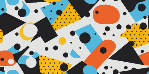 Casual 90s style. Cartoon and flat style geometric shapes. Colorful shapes vector pattern. Seamless pattern for print and interior design.