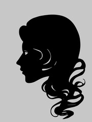 stylized long haired woman head profile portrait, silhouette