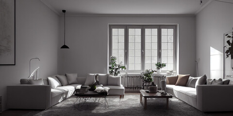 Fototapeta premium Stylish scandinavian living room with design mint sofa, furnitures, mock up poster map, plants and elegant personal accessories. Modern home decor. Bright and sunny room. Generative AI illustration.