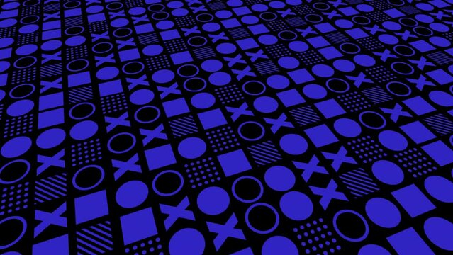 Repeating pattern of black and blue geometric shapes with circle, square and X abstract background