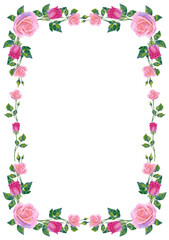 Vector background with pink roses flowers and green leaves.