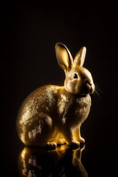 Gold rabbit isolated against black background, Easter concept, generative AI