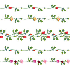 Vector horizontal seamless garland with red, pink and yellow roses and green leaves.