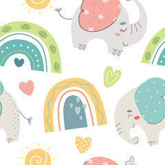 Seamless pattern with cartoon elephants and a rainbow. Vector illustration.