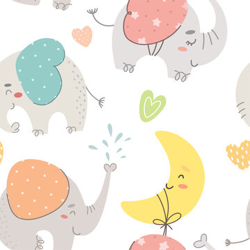 Seamless pattern with cartoon elephants. Vector illustration.