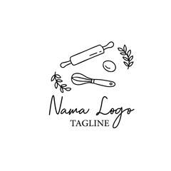 Bakery tools icon line element. Doodle illustration of whisk, roll pin and egg. Cute and drawn vector graphic. Perfect for logo or banner