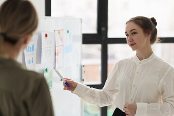A woman in the office shows a report on the board