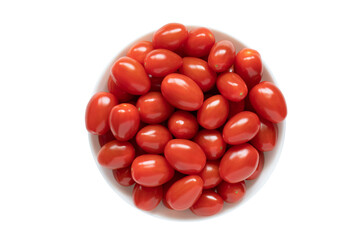 Red small cherry tomatoes in a bowl isolated on white background, top view