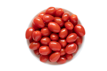 Red small cherry tomatoes in a bowl isolated on white background, top view