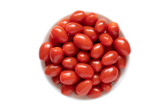 Red small cherry tomatoes in a bowl isolated on white background, top view