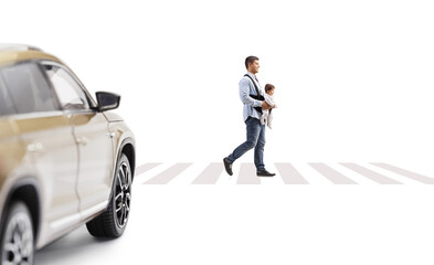 Obraz premium Car driving and a father with a baby in a carrier crossing over pedestrian zebra sign