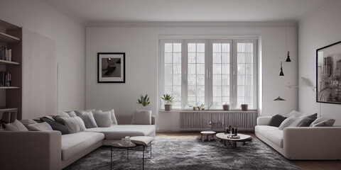 Fototapeta premium Stylish scandinavian living room with design mint sofa, furnitures, mock up poster map, plants and elegant personal accessories. Modern home decor. Bright and sunny room. Generative AI illustration.