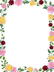 Vector background with pink and red rose flowers and green leaves.