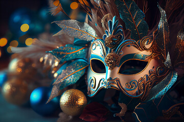 Carnival mask, ornaments, fir branches, baubbles, Ribbons and golden decorations, generative ai - obrazy, fototapety, plakaty