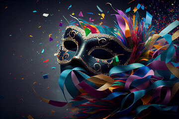 Fototapeta na wymiar ilustration, Venetian carnival mask and party confetti with copy space, Generative AI