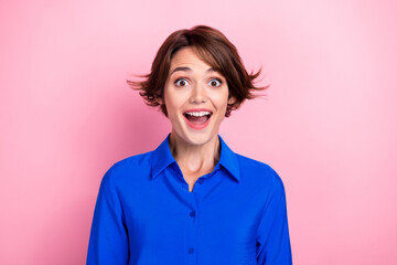 Photo of positive astonished person toothy smile open mouth cant believe isolated on pink color...