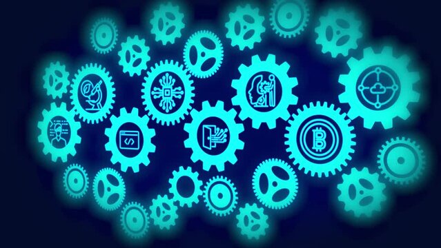 Group of Gears with Technological Icons Connected. Digital Animation. Technology System management and Working AI Process concept on dark Blue background. 