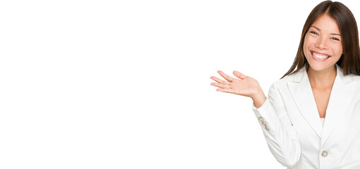 Showing Young Businesswoman open hand palm. Portrait of cheerful young businesswoman isolated white background. Mixed race Asian Caucasian female model in her 20s. Suit isolated in transparent PNG.