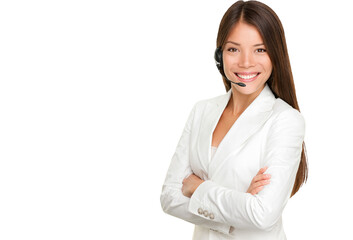 Telemarketing headset woman from call center smiling happy talking in hands free headset device. Multicultural mixed race Chinese Asian / Caucasian business woman in suit isolated in transparent PNG. - 575107887