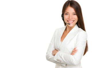 Telemarketing headset woman from call center smiling happy talking in hands free headset device. Multicultural mixed race Chinese Asian / Caucasian business woman in suit isolated in transparent PNG.