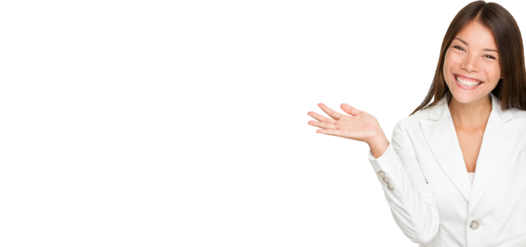 Showing Young Businesswoman open hand palm. Portrait of cheerful young businesswoman isolated white background. Mixed race Asian Caucasian female model in her 20s. Suit isolated in transparent PNG.