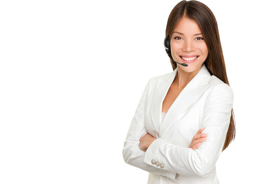 Telemarketing headset woman from call center smiling happy talking in hands free headset device. Multicultural mixed race Chinese Asian / Caucasian business woman in suit isolated in transparent PNG.