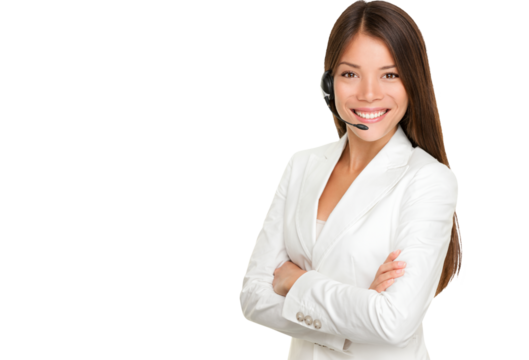 Telemarketing headset woman from call center smiling happy talking in hands free headset device. Multicultural mixed race Chinese Asian / Caucasian business woman in suit isolated in transparent PNG.